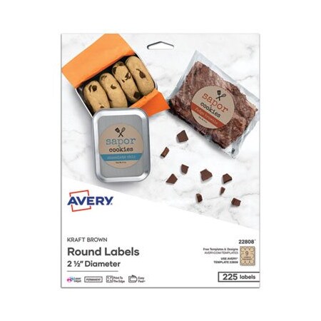 Avery Dennison Avery, ROUND BROWN KRAFT PRINT-TO-THE-EDGE LABELS, 2.5in DIA, 225PK 22808